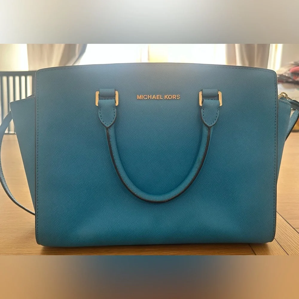 Michael Kors Blue-Teal Saffiano Leather Satchel Crossbody Bag